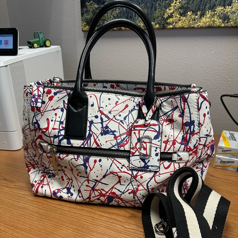 Marc Jacobs paint splatter white red and blue leather crossbody medium bag